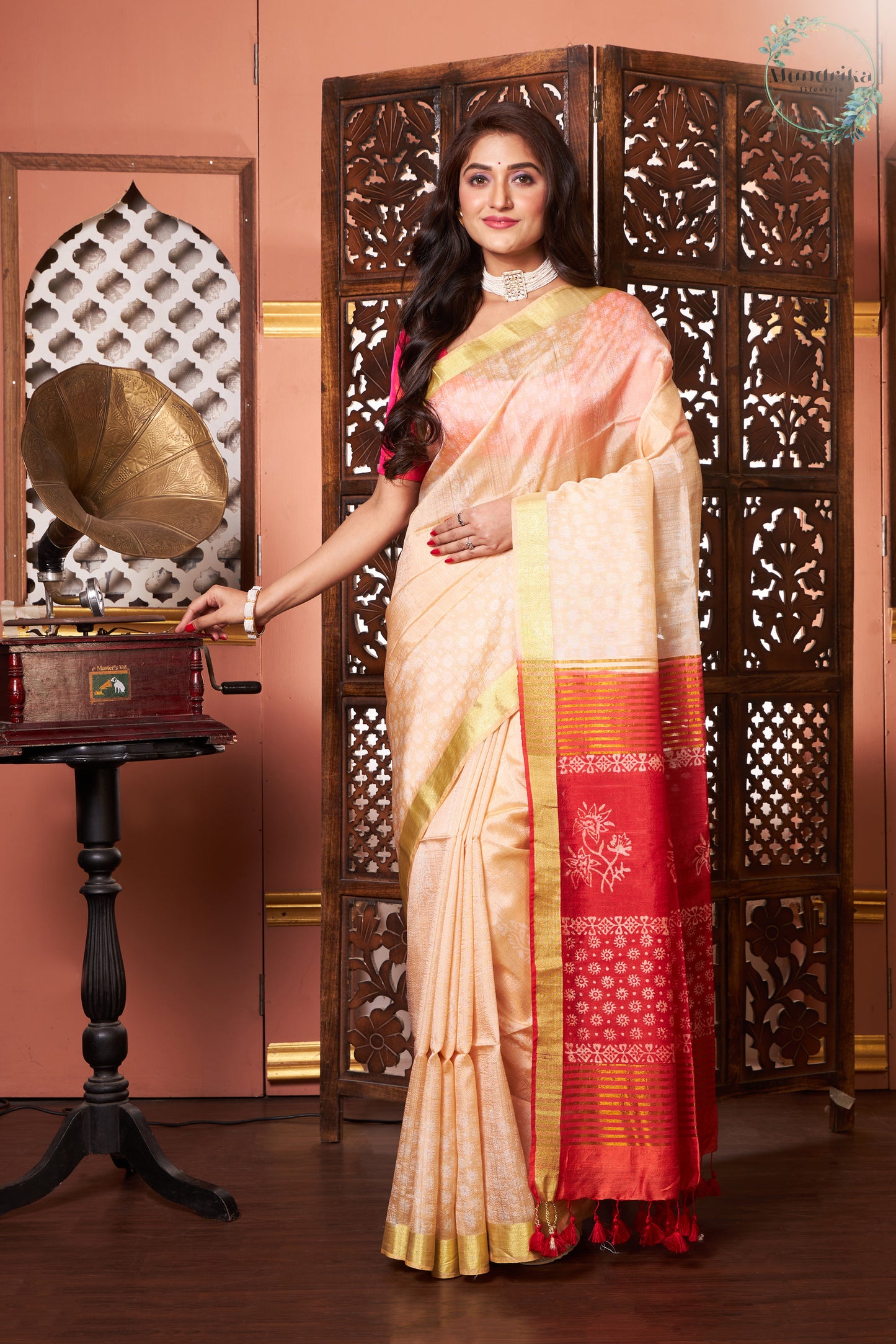 Handwoven Dupion Cream Hand Block Print Saree