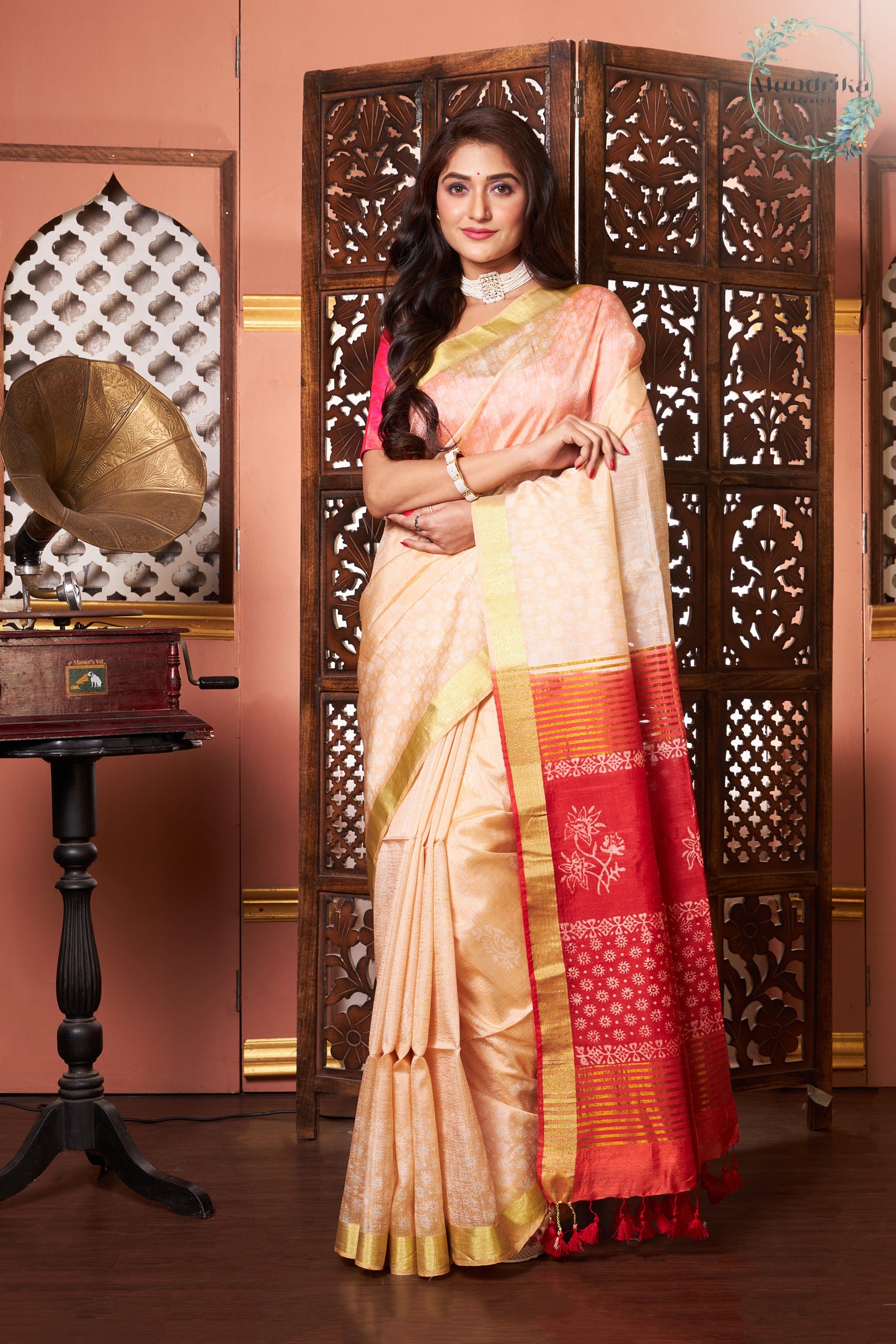 Handwoven Dupion Cream Hand Block Print Saree