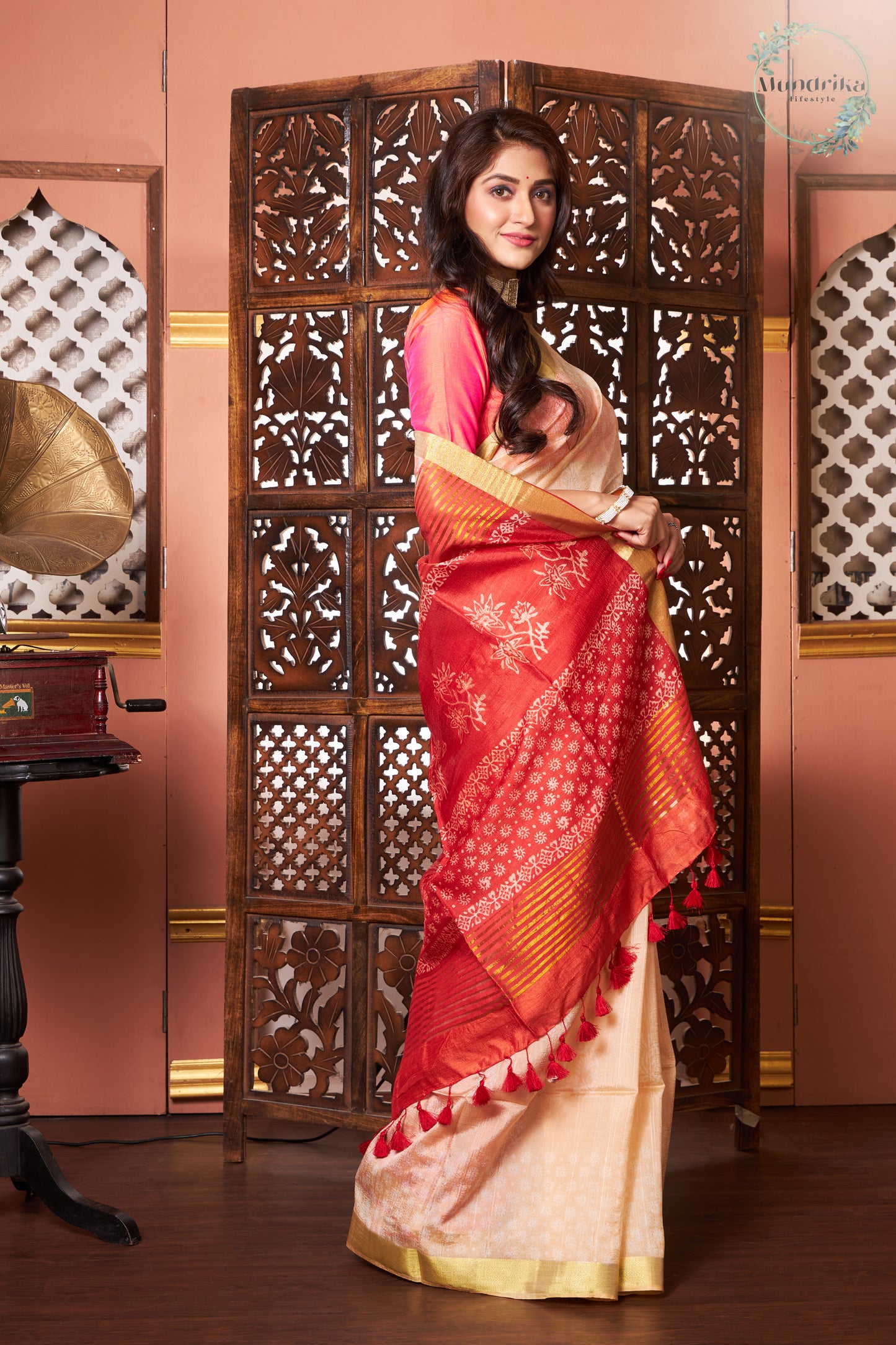 Handwoven Dupion Cream Hand Block Print Saree