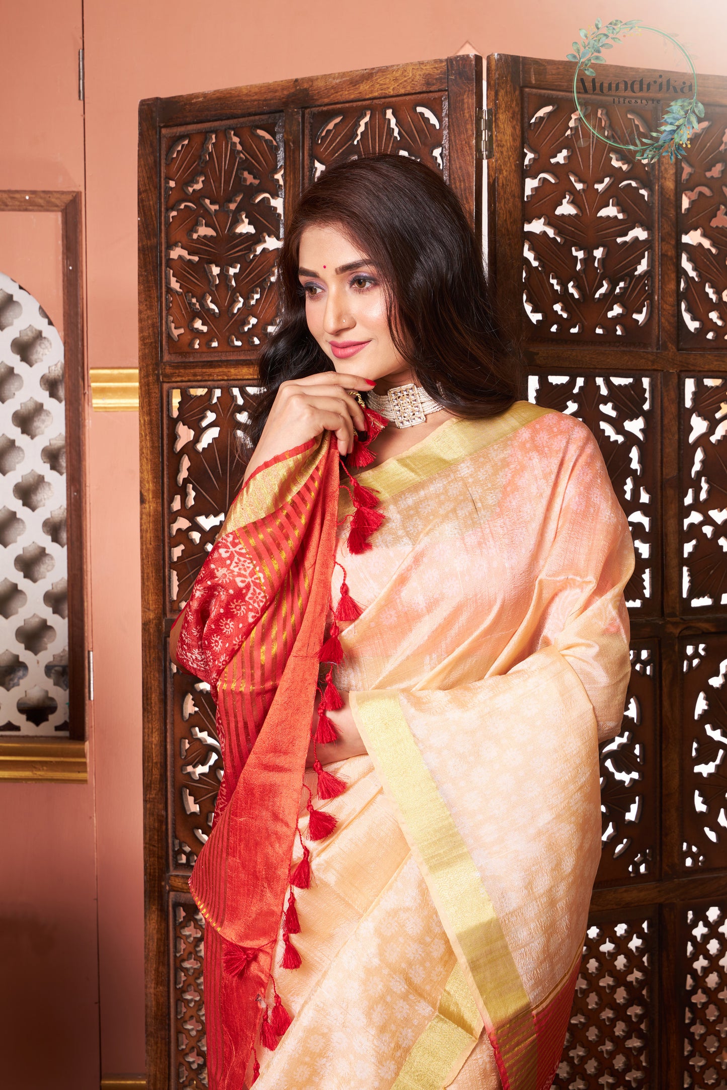 Handwoven Dupion Cream Hand Block Print Saree