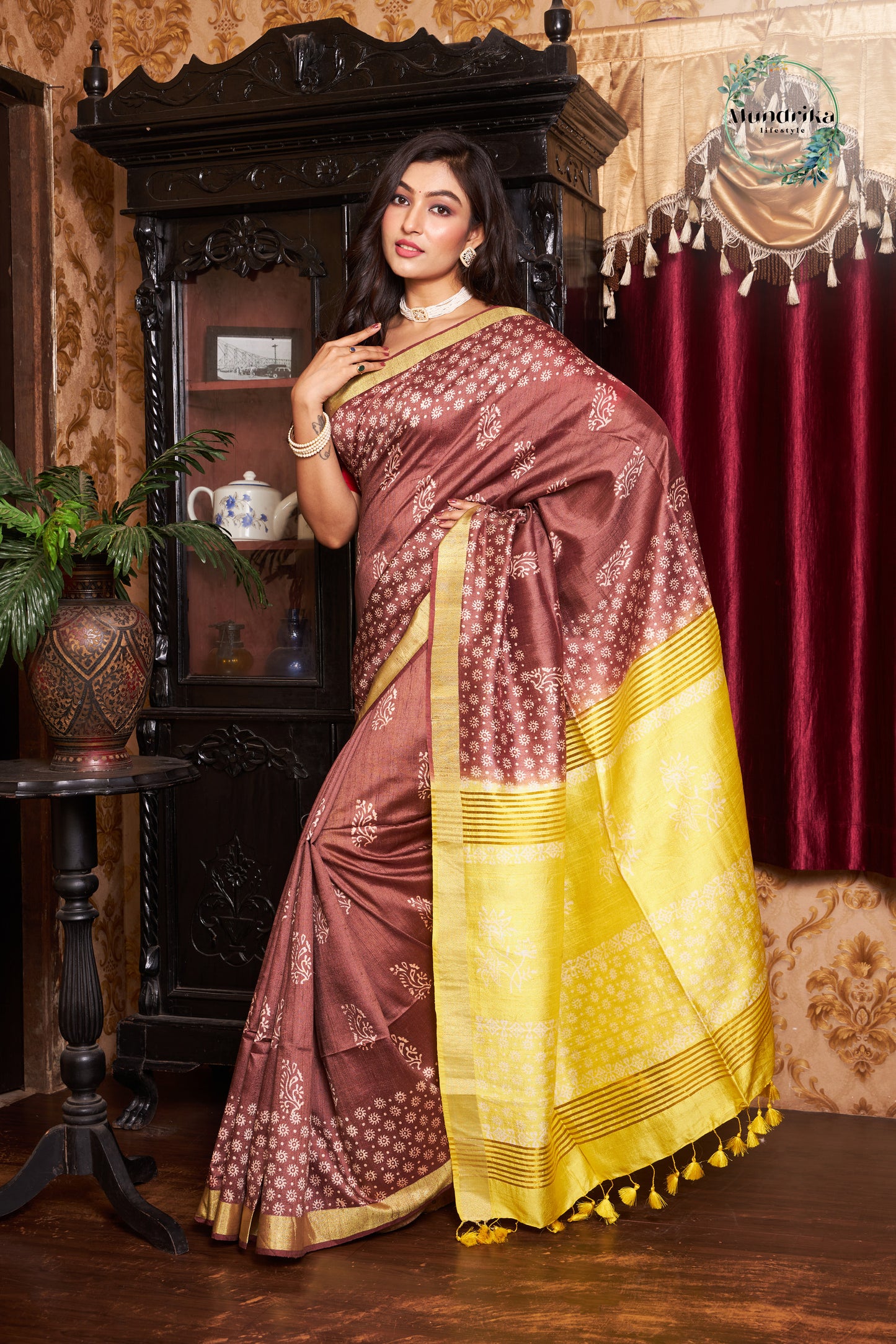 Handwoven Raw Dupion Coffee Brown Hand Block Print Saree
