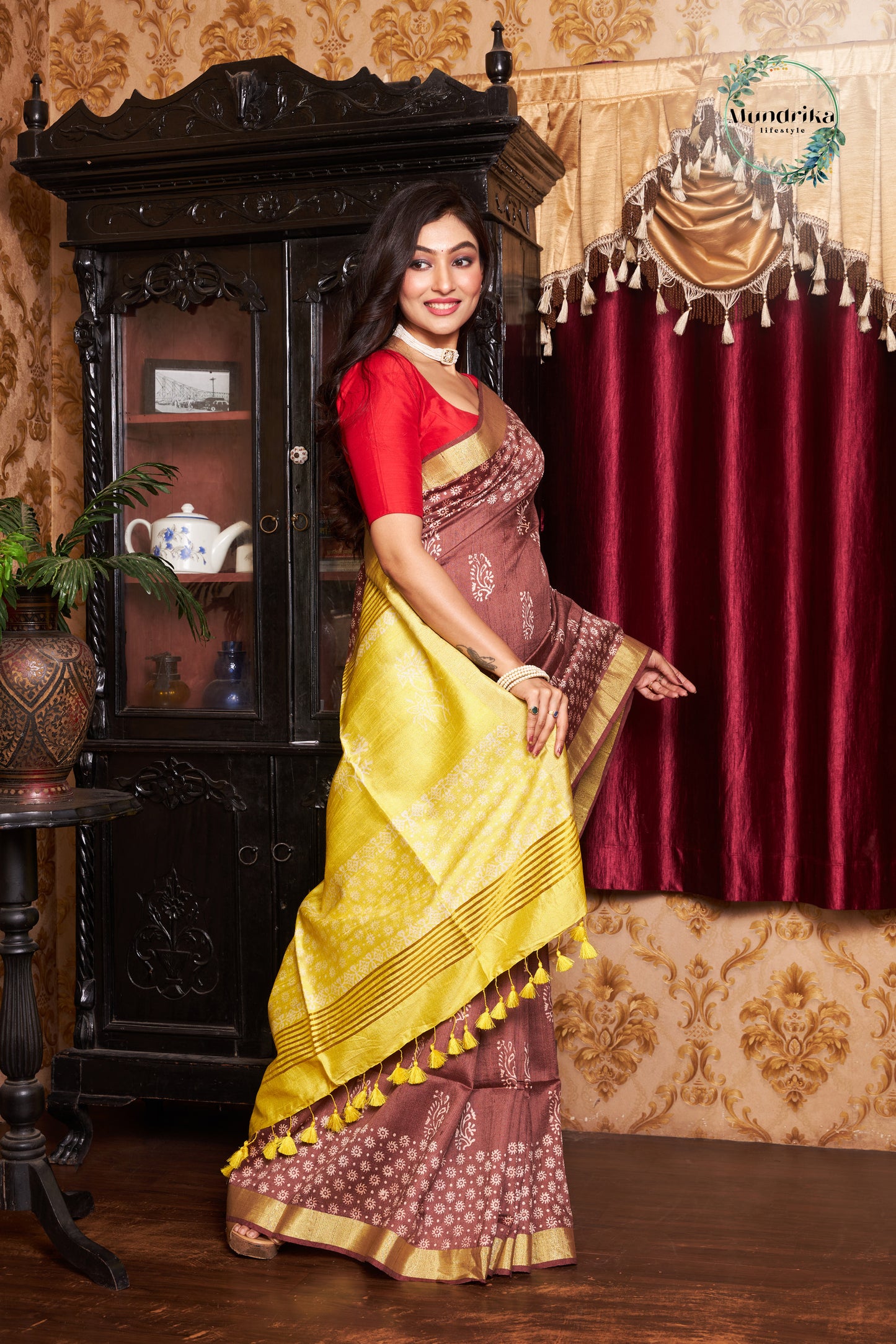 Handwoven Raw Dupion Coffee Brown Hand Block Print Saree