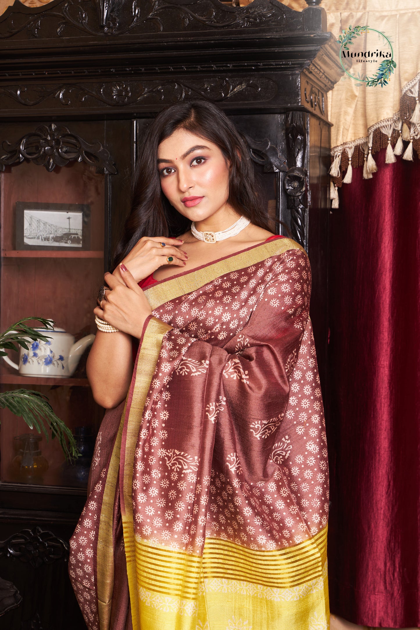 Handwoven Raw Dupion Coffee Brown Hand Block Print Saree