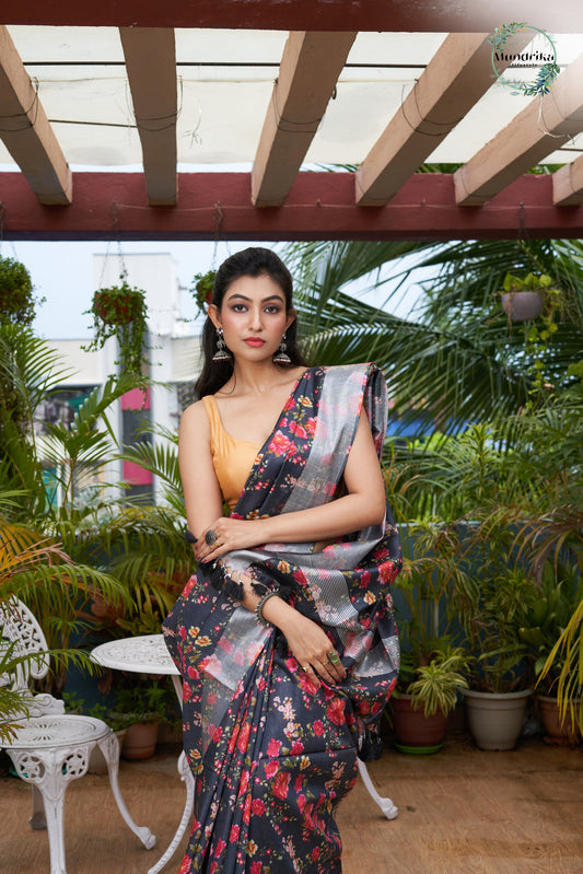 Tussar Munga Silk Black Floral Print Design Saree