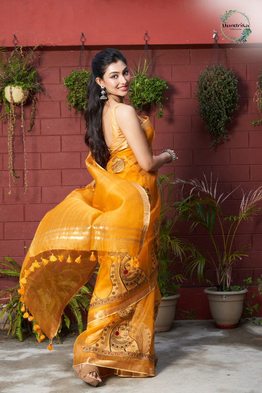 Handwoven Organza Silk Embroidery Saree in Vibrant Coral