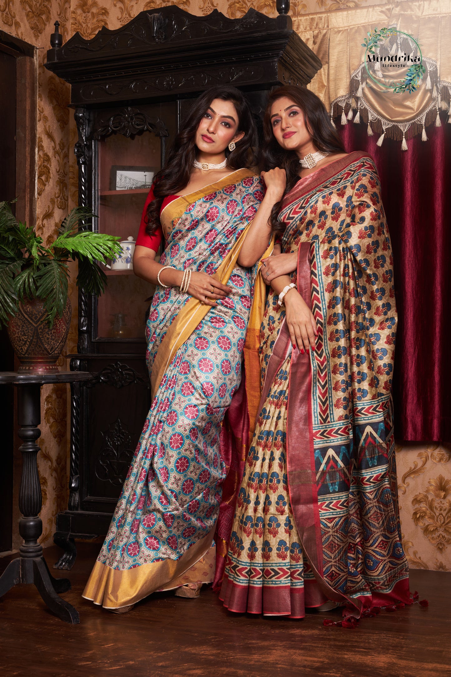 Handwoven Tussar Munga Silk Ajrakh Paint Design Saree