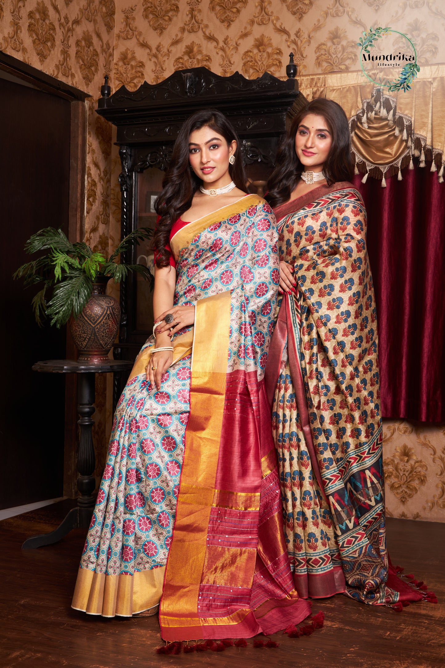 Handwoven Tussar Munga Silk Ajrakh Paint Design Saree