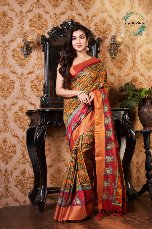 Handwoven Tussar Munga Silk Kalamkari Print Design Saree