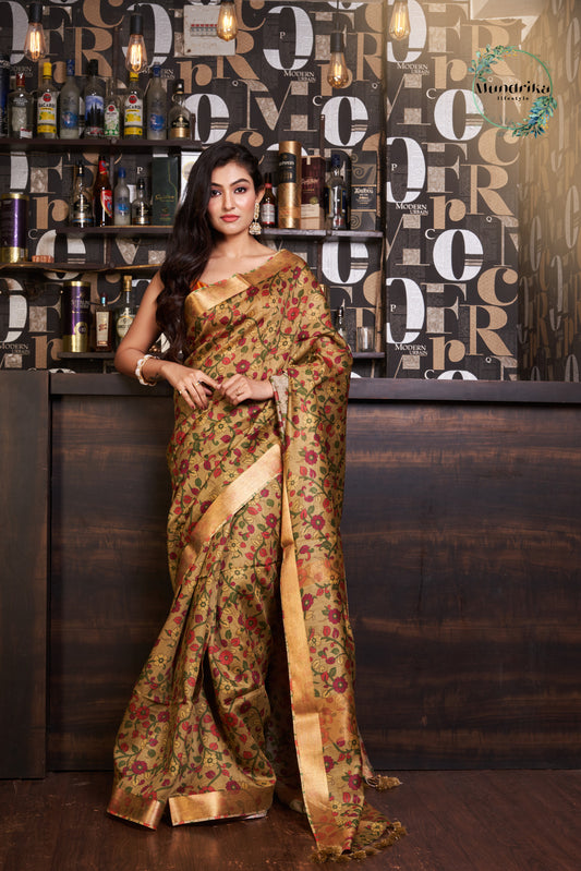 Handwoven Tussar Munga Silk Floral Print Design Saree