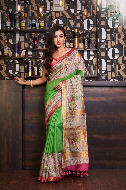 Tussar Munga Silk Madhubani Paint Design Saree