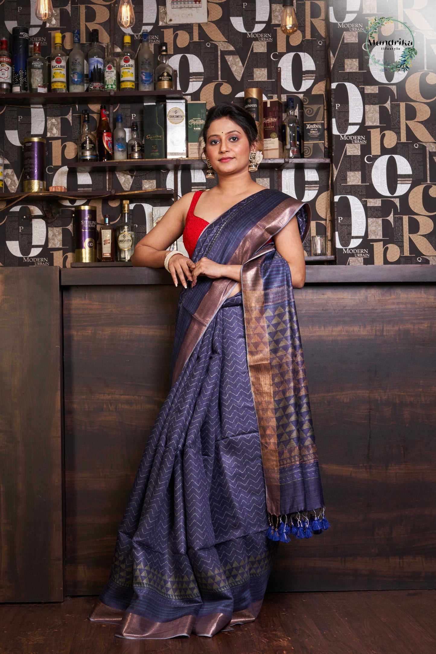 Tussar Munga Silk Indigo Print Design Saree