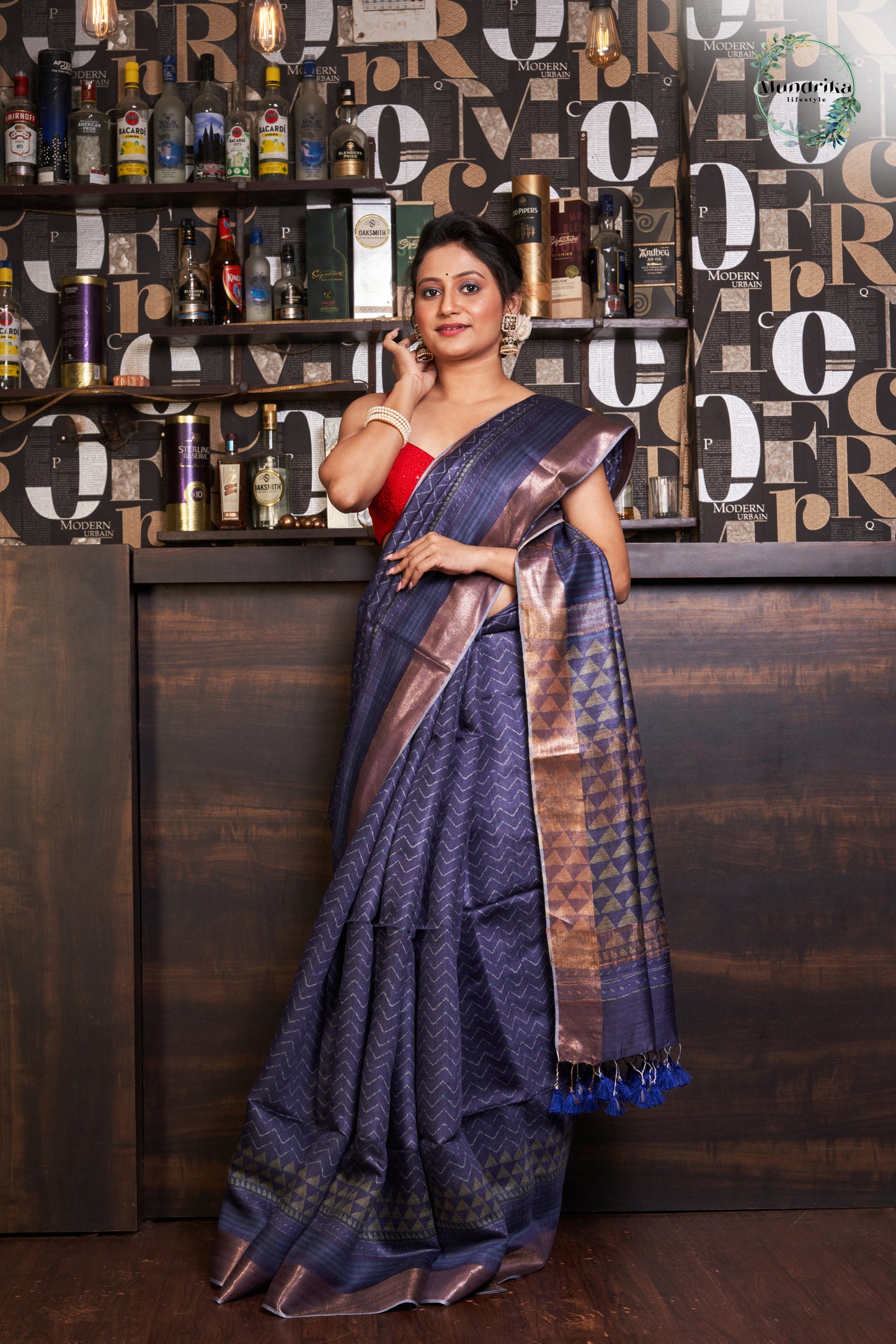 Tussar Munga Silk Indigo Print Design Saree