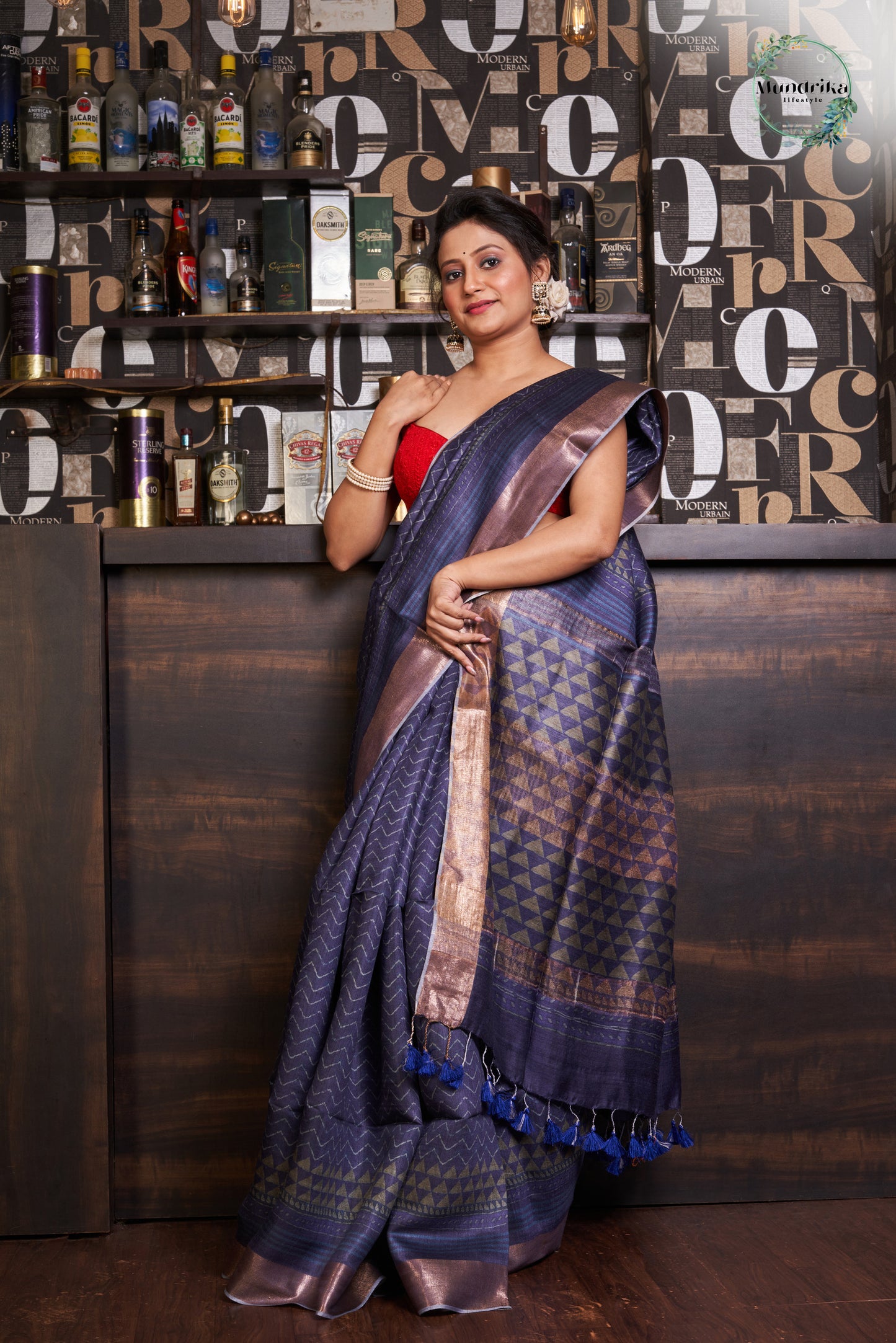 Tussar Munga Silk Indigo Print Design Saree