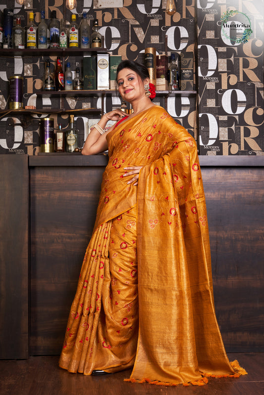 Desi Tussar Mustard Yellow Silk Embroidery Work Saree