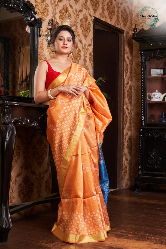 Handwoven Raw Dupion Narangi Hand Block Print Saree