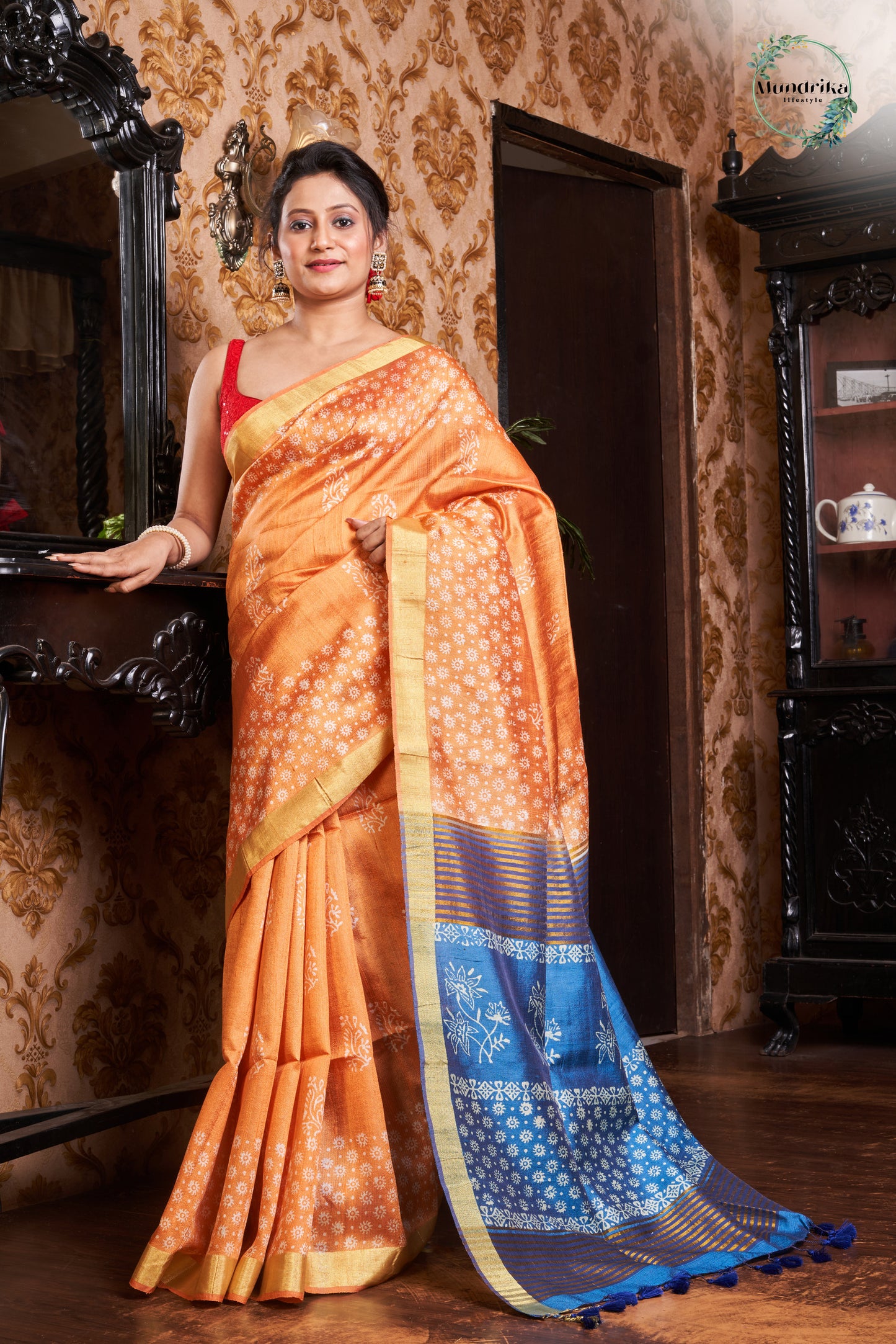 Handwoven Raw Dupion Narangi Hand Block Print Saree