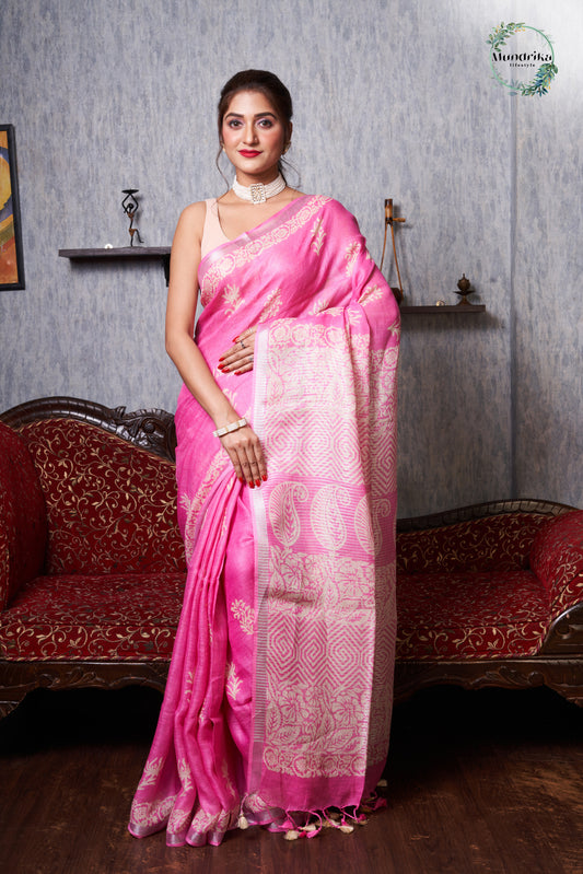 Handwoven Linen Pink Hand Block Print Saree