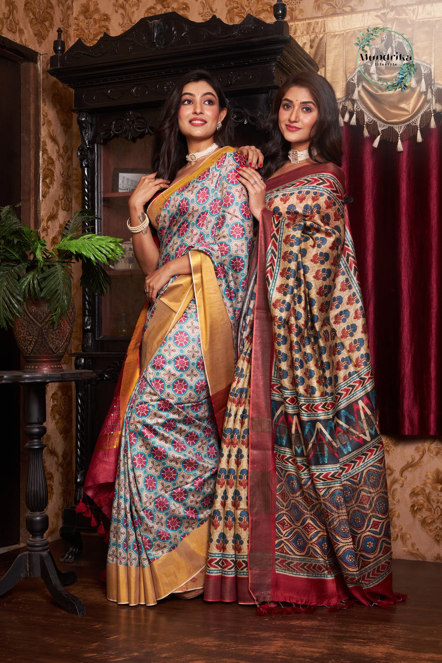 Handwoven Tussar Munga Silk Ajrakh Paint Design Saree