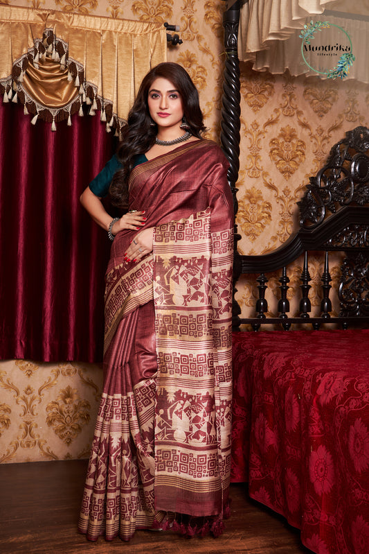 Desi Tussar Silk Barli Print Design Saree