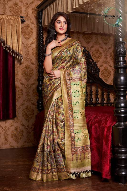 Handwoven Desi Tussar Kalamkari with Cutwork Design Saree