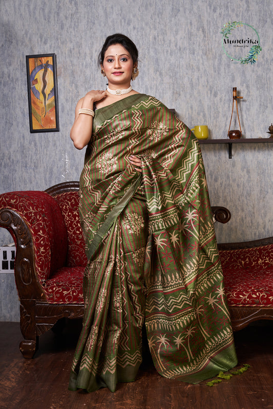 Handwoven Desi Tussar Silk Hand Block Print Saree