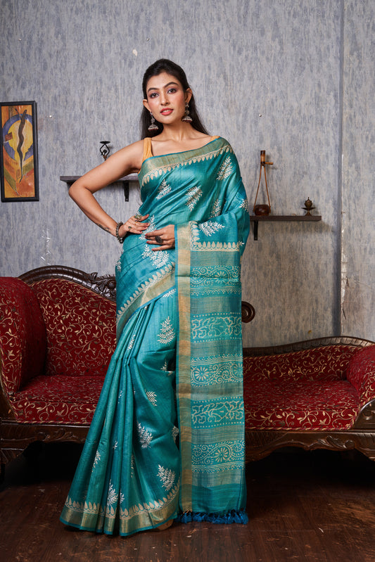 Handwoven Desi Tussar Sky Blue Silk Embroidery Work Block Saree