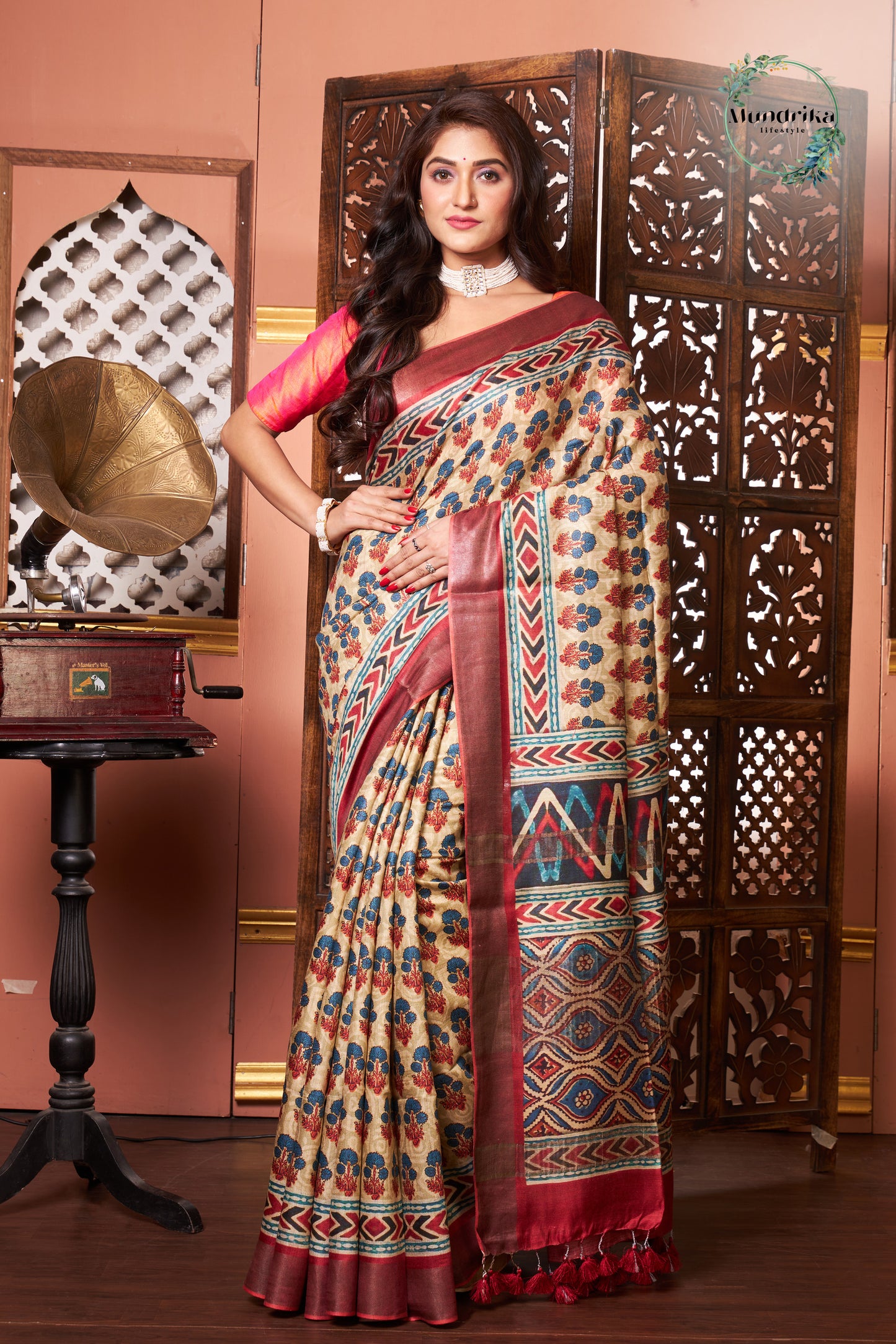 Handwoven Tussar Munga Silk Ajrakh Paint Design Saree