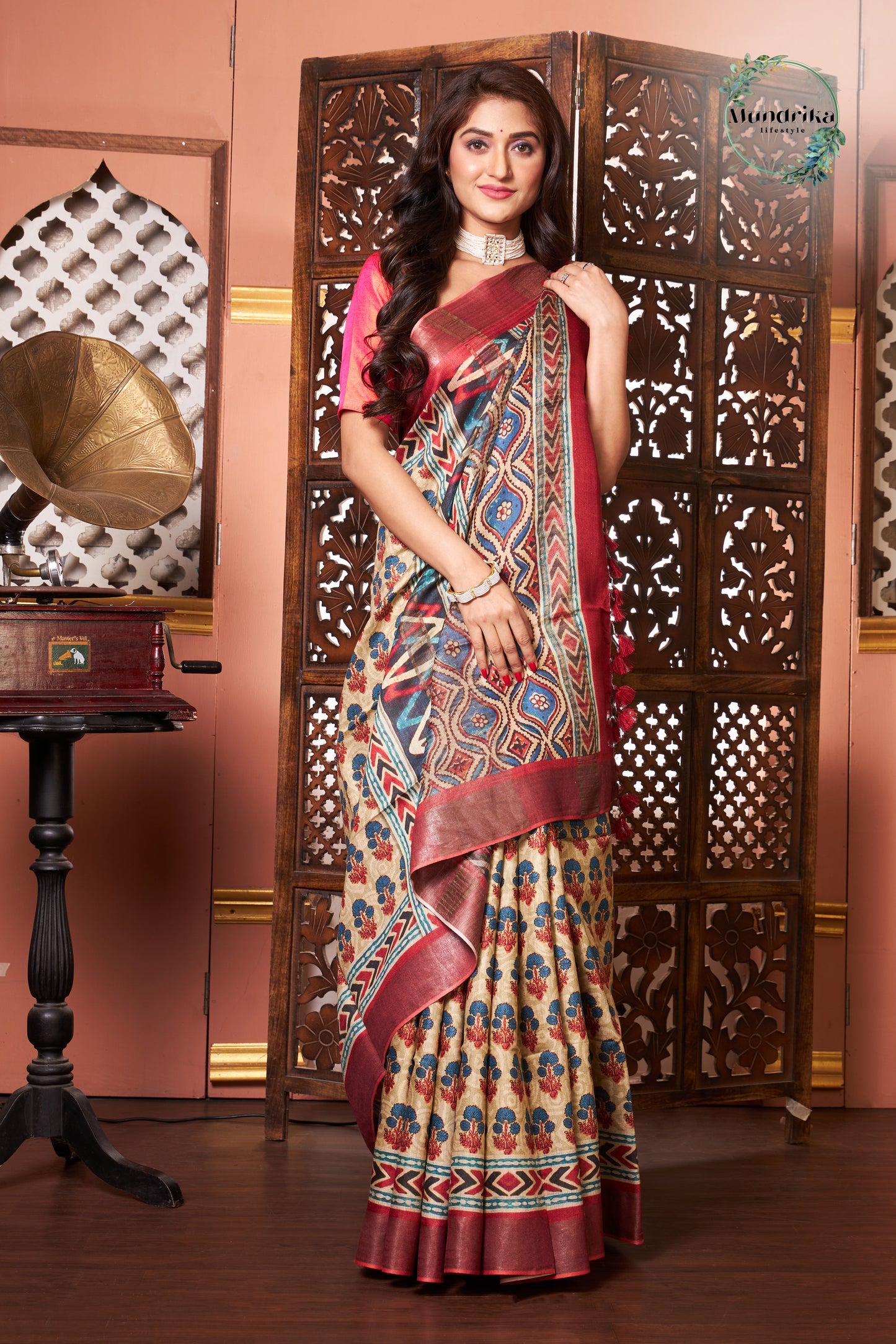 Handwoven Tussar Munga Silk Ajrakh Paint Design Saree