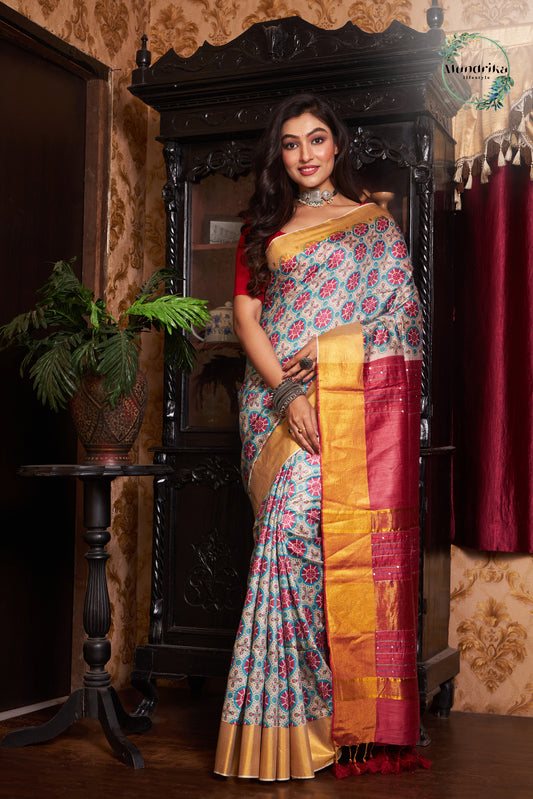 Handwoven Tussar Munga Silk Ajrakh Paint Design Saree