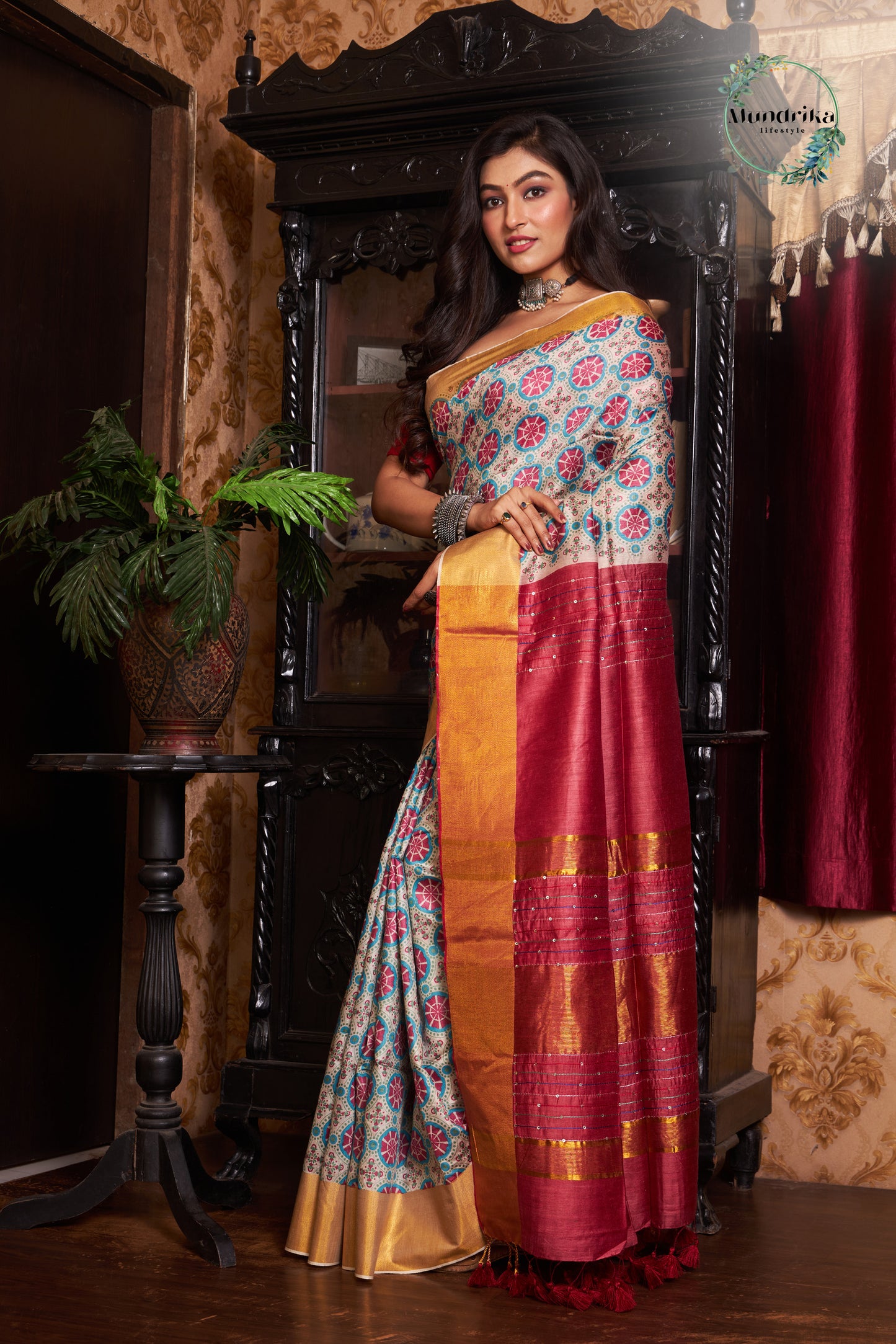 Handwoven Tussar Munga Silk Ajrakh Paint Design Saree