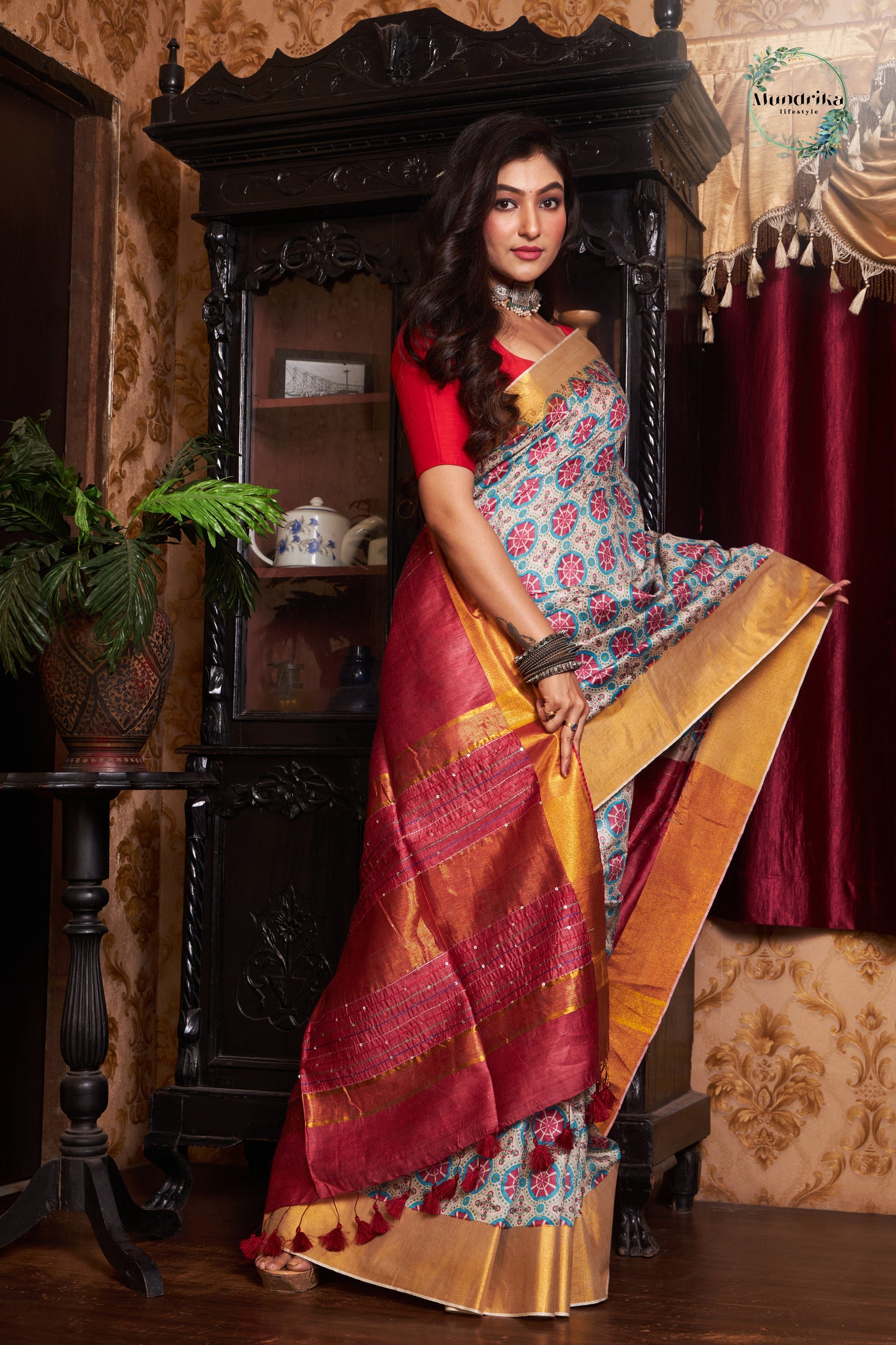 Handwoven Tussar Munga Silk Ajrakh Paint Design Saree