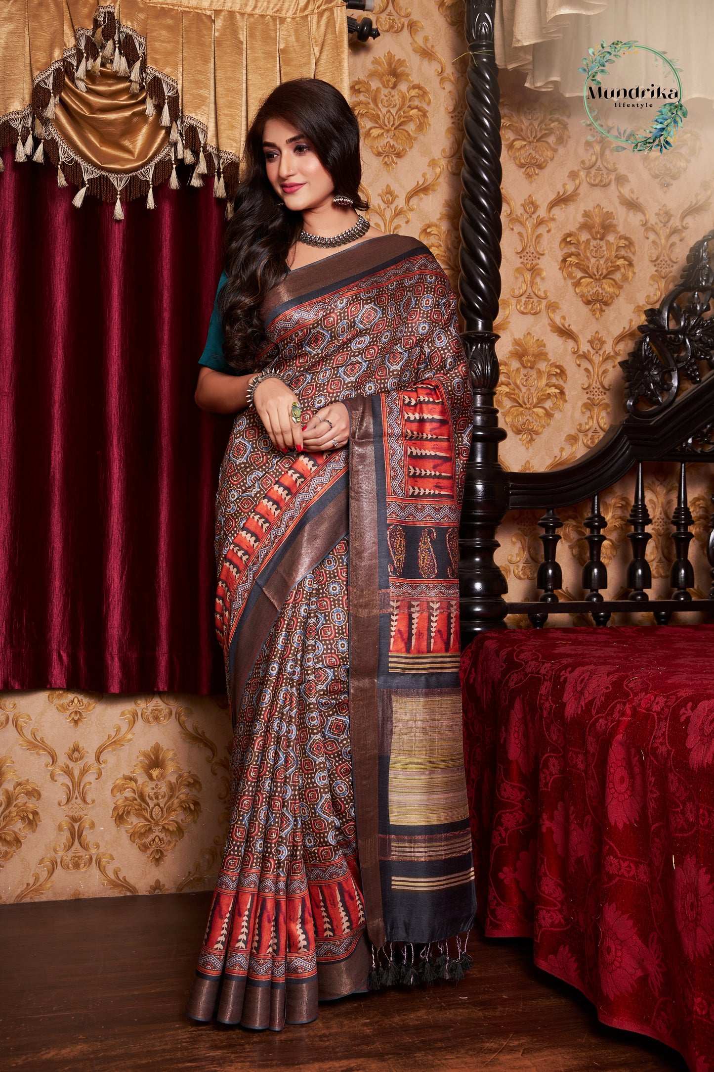 Handwoven Tussar Munga Silk Ajrakh Work Paint Design Saree