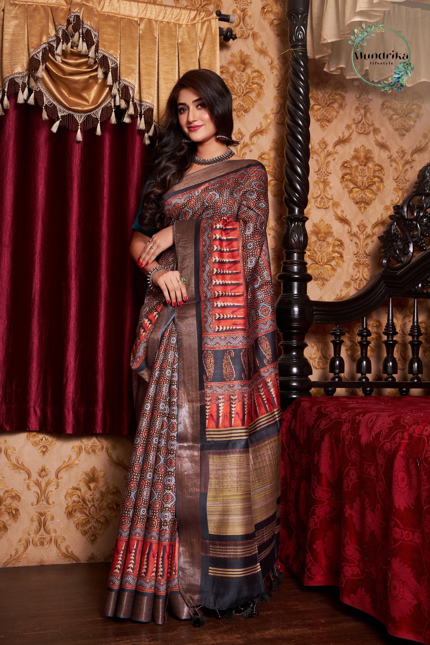 Handwoven Tussar Munga Silk Ajrakh Work Paint Design Saree