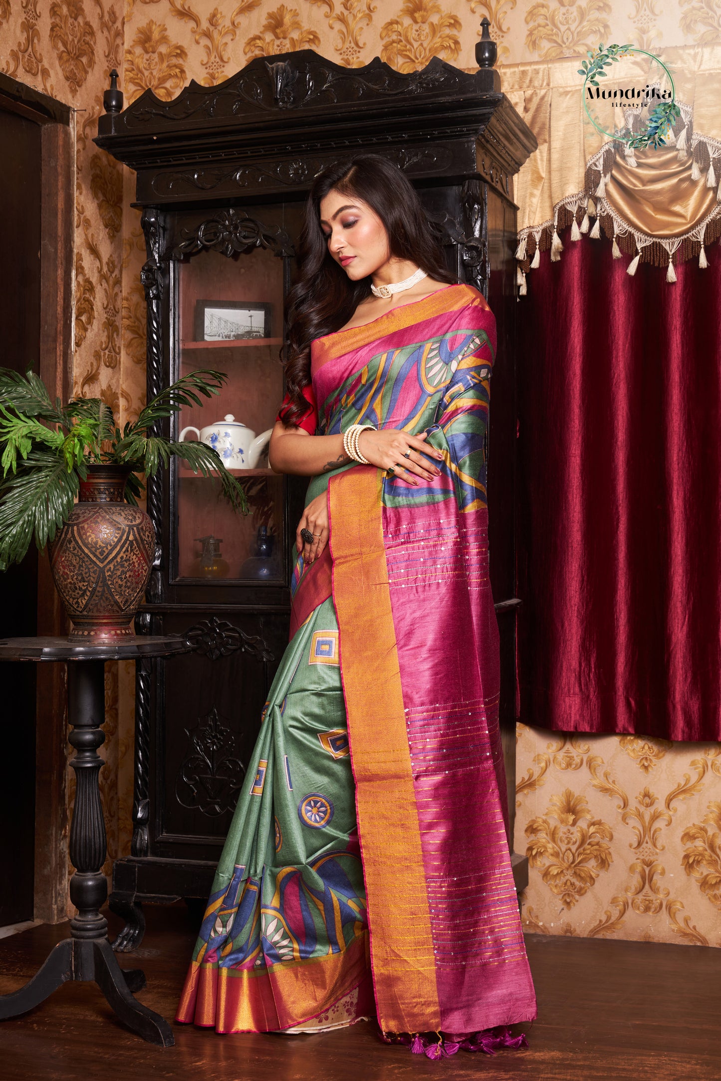 Handwoven Tussar Munga Silk Geometric Print Design Saree