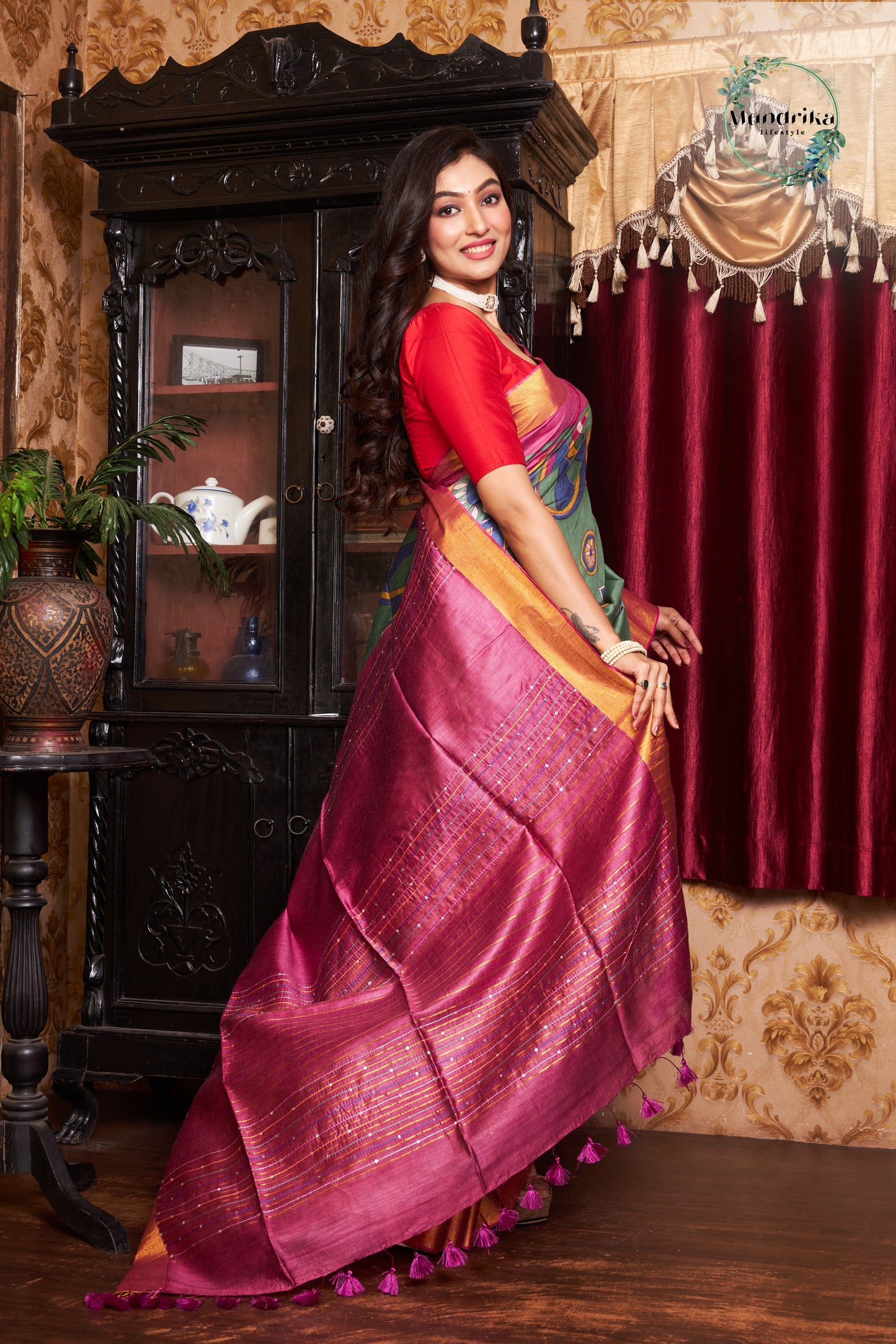 Handwoven Tussar Munga Silk Geometric Print Design Saree