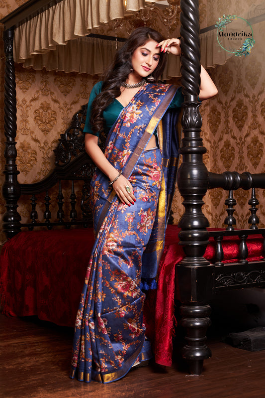 Handwoven Tussar Munga Silk Royal Floral Work Paint Design Saree