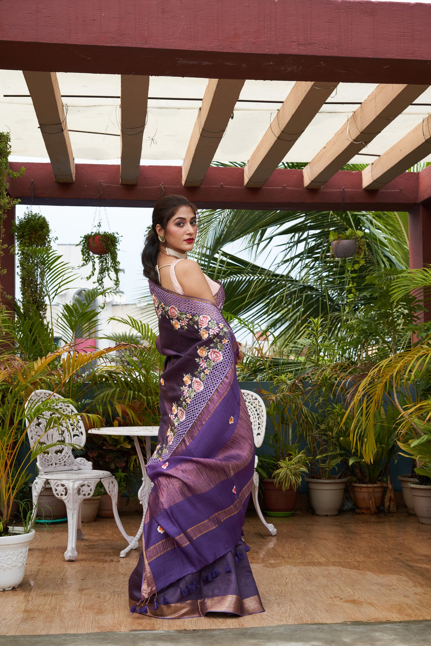 Handwoven Tussar Munga Wine Purple Handcut Work Embroidery Saree