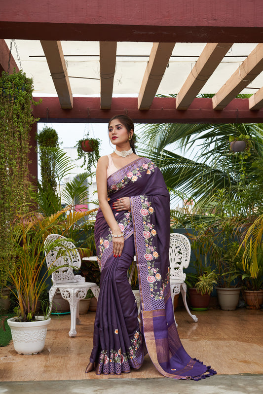 Handwoven Tussar Munga Wine Purple Handcut Work Embroidery Saree