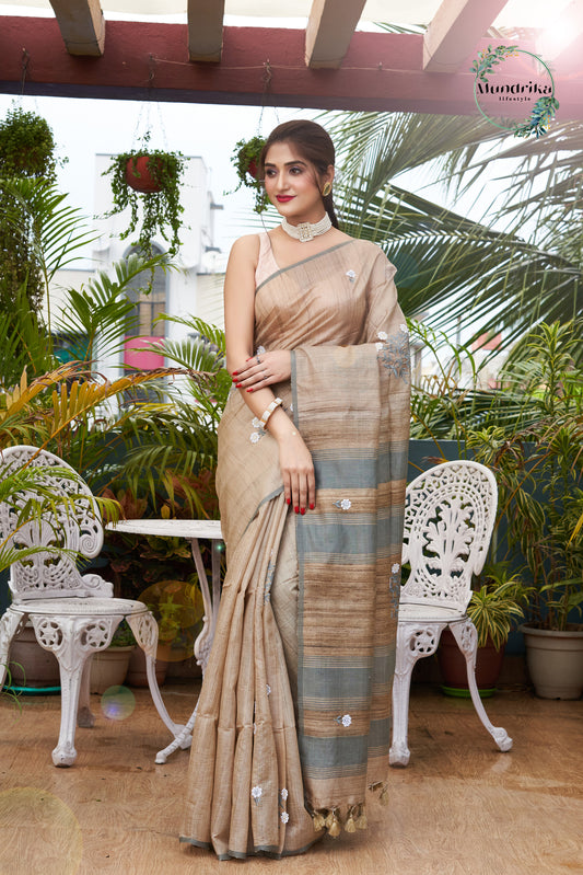 Handwoven Desi Tussar Natural Silk Hand Work Saree