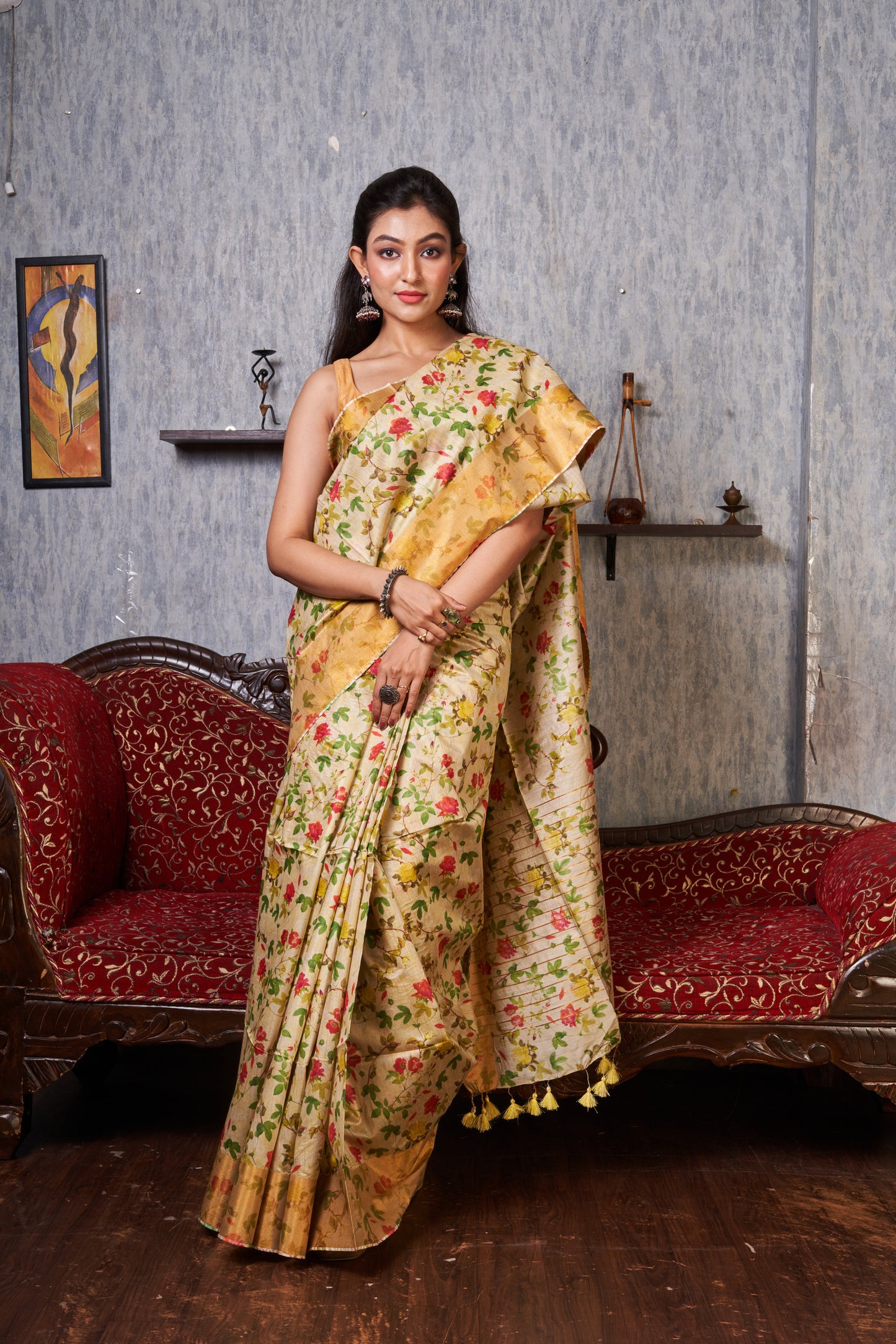 Tussar Munga Silk Floral Print Saree