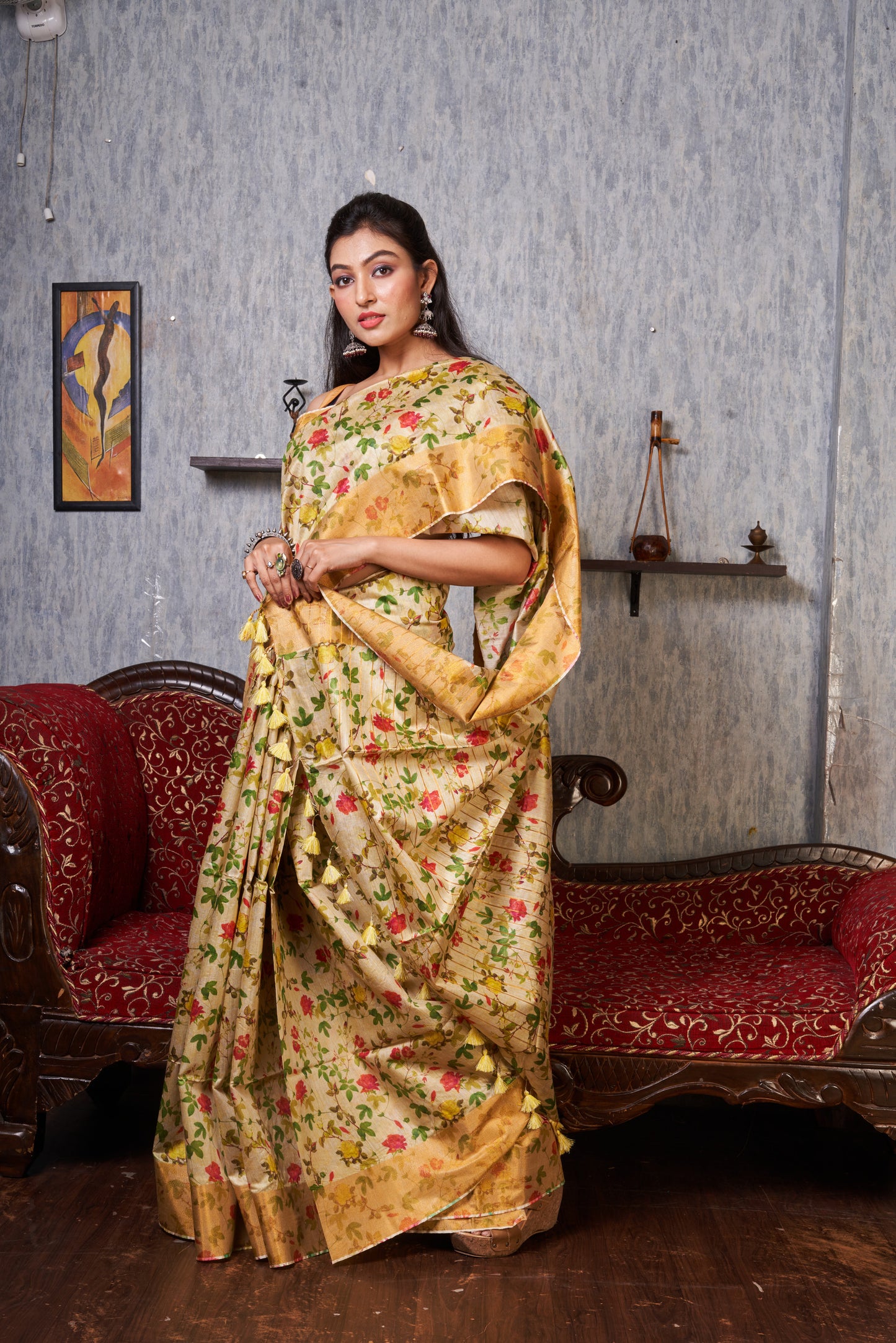 Tussar Munga Silk Floral Print Saree